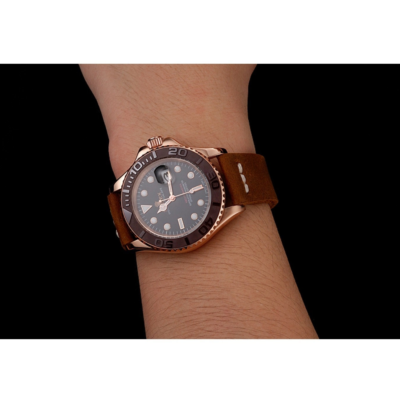 Aaa replica Gold Brown Yacht Bezel Black Dial 1453860 Case Rolex Rose Master Leather Brown Bracelet 0712